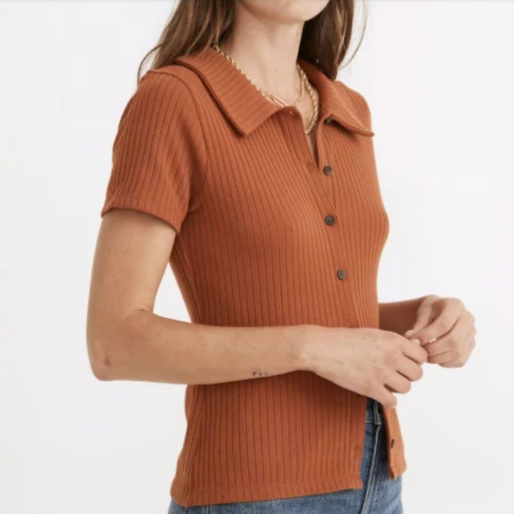 Madewell Size M Short-Sleeve Peter Pan Collared Ribbed Button-Down Burnt Orange